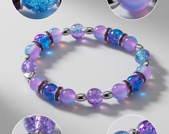 Purple Blue Crackle Glass Beaded Bracelet, Boho Chic Heart Charm Jewelry