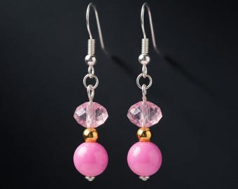 Pink Crystal and Glass Bead Drop Earrings, Dainty Gold Accent, Silver Hooks