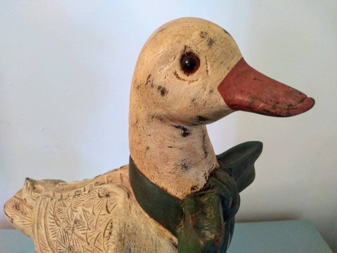 Distressed Vintage Resin Wood Looking Duck Statue With Blue - Etsy