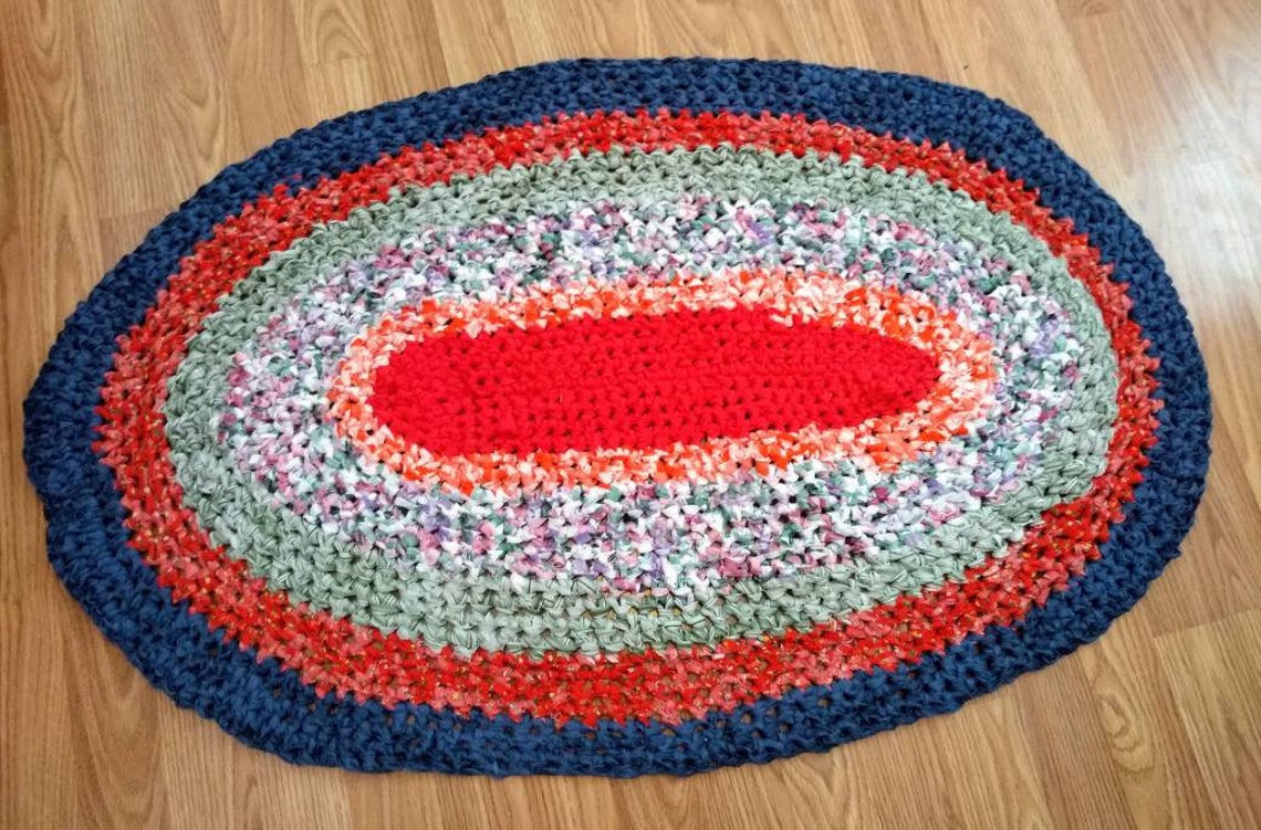 Handmade Crocheted oval Rag Rug Cotton Fabric 41 x 26. One of Etsy