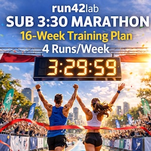 May include: Image promoting a marathon training plan. The text reads "SUB 3:30 MARATHON, 16-Week Training Plan, 4 Runs/Week." A digital clock displays 3:29:59. Runners cross the finish line, arms raised, with a crowd cheering.