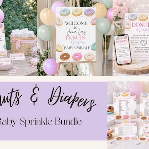 Zestaw posypek dla niemowląt „Pączki i pieluchy”, wydruk Canva, zaproszenie na powitanie z grami na baby shower, neutralne płciowo zaproszenie do natychmiastowego pobrania