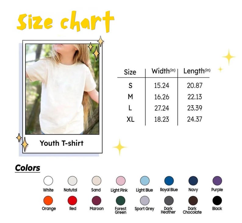 May include: A size chart for a youth t-shirt, with measurements in inches. The chart includes sizes S, M, L, and XL, with corresponding width and length measurements. A color palette shows options like white, natural, and light pink.