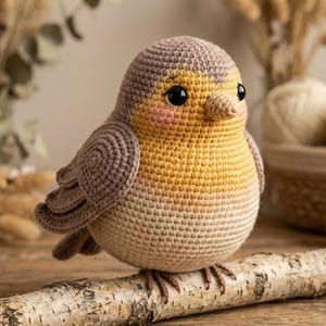 Puede incluir: Un pájaro de ganchillo hecho a mano en tonos marrón, amarillo y melocotón, posado en una rama de madera. El pájaro tiene grandes ojos negros y un pico pequeño. El fondo incluye ovillos de lana y follaje seco, creando una estética rústica.