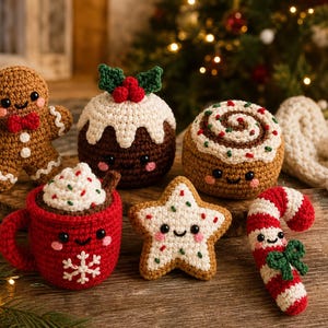 Könnte beinhalten: Eine Sammlung von sechs gehäkelten Weihnachtsfiguren, darunter ein Lebkuchenmann, ein Pudding, eine Zimtschnecke, eine rote Tasse mit Schlagsahne, ein sternförmiger Keks und eine Zuckerstange, alle mit kleinen schwarzen Augen und rosa Wangen.