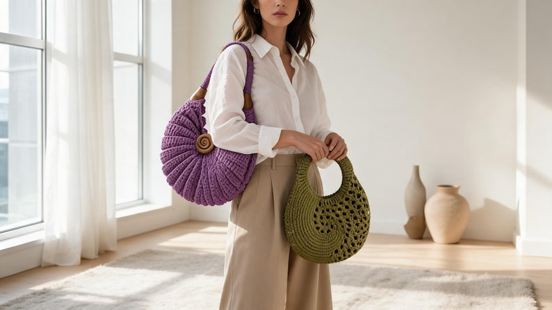 Puede incluir: Un bolso de ganchillo morado de forma circular con un detalle de espiral de madera, junto a un bolso de ganchillo verde oliva m&aacute;s peque&ntilde;o con patr&oacute;n calado y asa circular, portados con una camisa blanca y pantalones de color beige.