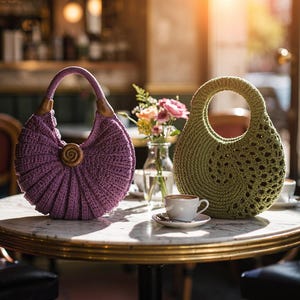 Puede incluir: Dos bolsos de ganchillo redondos, uno de color lavanda con asa de madera y bot&oacute;n central, y otro de color verde oliva con asa circular recortada y patr&oacute;n de espiral. Los bolsos est&aacute;n colocados sobre una mesa redonda con una taza de caf&eacute;.