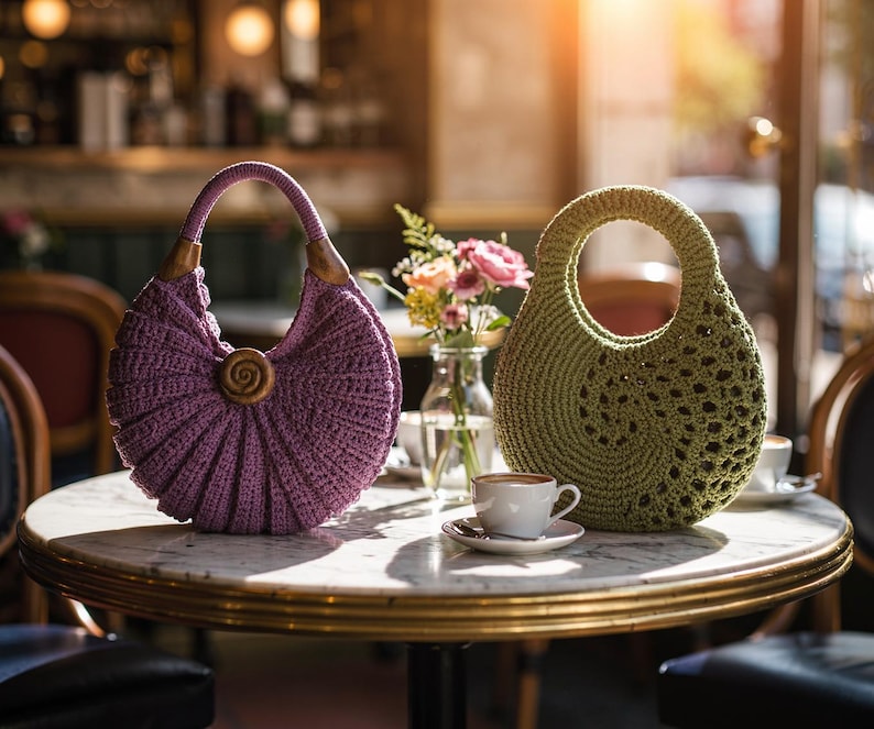 Puede incluir: Dos bolsos de ganchillo redondos, uno de color lavanda con asa de madera y bot&oacute;n central, y otro de color verde oliva con asa circular recortada y patr&oacute;n de espiral. Los bolsos est&aacute;n colocados sobre una mesa redonda con una taza de caf&eacute;.