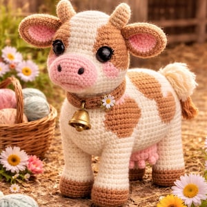 Può includere: Una mucca all'uncinetto con macchie marroni e bianche, grandi occhi neri e naso e orecchie rosa. Indossa un collare a campana con una margherita. L'immagine include il testo "CROCHET PATTERN" in alto. Un cestino di filato e fiori è sullo sfondo.