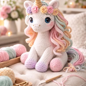 Könnte beinhalten: Ein handgefertigtes weißes Häkel-Einhorn mit goldenem Horn, blauen Augen und bunter Mähne und Schweif. Das Einhorn ist mit einem Blumenkranz geschmückt und hat rosa Wangen. Es sitzt auf einem getufteten Kissen, mit Garn und Häkelwerkzeugen in der Nähe.