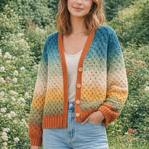 Könnte beinhalten: Eine mehrfarbige Häkelstrickjacke mit Knopfleiste. Die Strickjacke hat einen Farbverlauf aus Blau, Gelb und Orange. Die Ärmel und der Besatz sind einfarbig orange. Das Model trägt eine blaue Jeans.