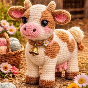 Könnte beinhalten: Gehäkelte Kuh mit braunen und weißen Flecken, großen schwarzen Augen und rosa Akzenten. Sie trägt ein Halsband mit Glocke und Gänseblümchen. Der Text "CROCHET PATTERN" befindet sich oben, umgeben von Blumen und Garn.