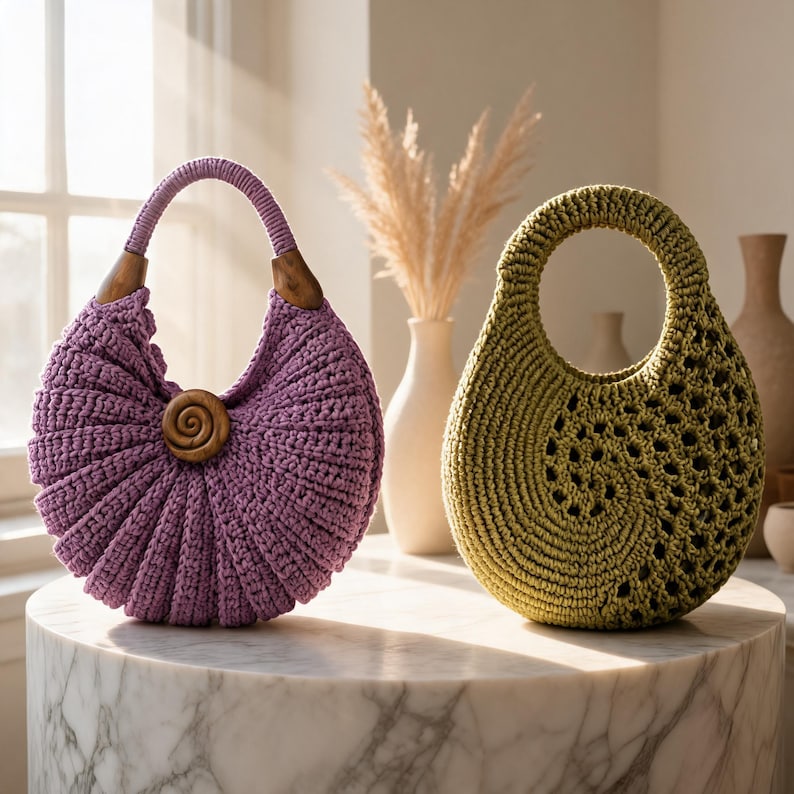 Puede incluir: Dos bolsos de ganchillo redondos, uno de color lavanda y otro de color verde oliva. El bolso lavanda presenta un bot&oacute;n central de madera en forma de espiral y enganches de madera. El bolso verde oliva tiene un patr&oacute;n calado en espiral.