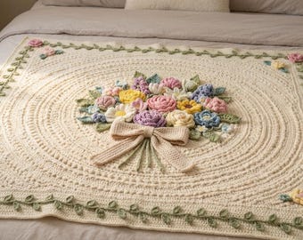Crochet Flower Bouquet Blanket| Plush Bouquet Charm |  Crochet Flower Pattern| Home Decor Forever Flowers Gift