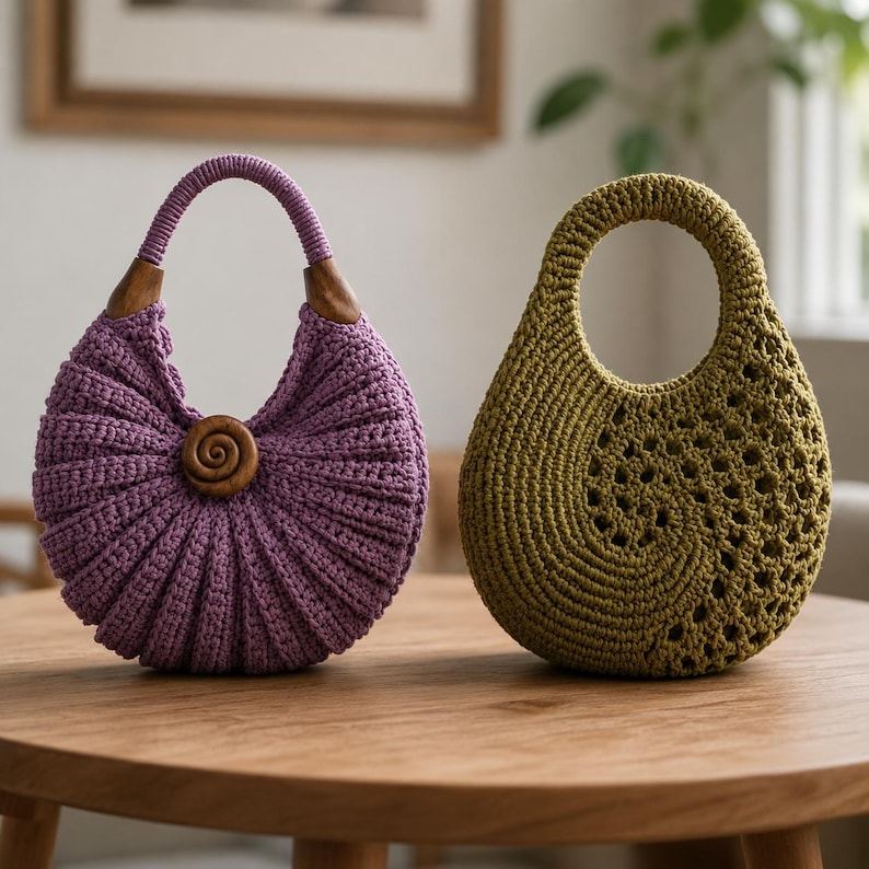 Puede incluir: Dos bolsos de ganchillo redondos. El bolso de la izquierda es morado con textura acanalada, un enganche de madera para el asa y un bot&oacute;n central de madera en espiral. El de la derecha es verde oliva con un patr&oacute;n de espiral y asa circular.
