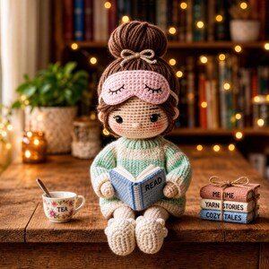Pode incluir: Uma boneca de crochê feita à mão com cabelo castanho, uma máscara de dormir rosa e um suéter listrado, segurando um livro azul que diz "READ". Uma xícara de chá com "TEA" está sobre a mesa. Livros empilhados dizem "ME TIME", "YARN STORIES" e "COZY TALES".
