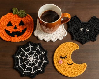 Halloween Crochet Coaster Pattern Set, Pumpkin Ghost Bat Mug Rugs, Spiderweb Moon, Easy PDF Pattern, Fall Home Decor