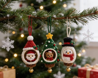 Crochet Christmas Ornament Pattern PDF, Santa Snowman Bear, Amigurumi Tree Decor