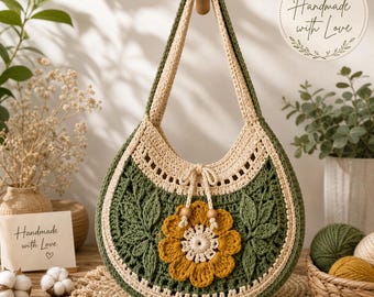 Patrón de bolso de ganchillo Luna en PDF, patrón de bolso de hombro estilo boho, bolso de media luna floral, bolso tote de ganchillo moderno, descarga instantánea, proyecto de ganchillo fácil