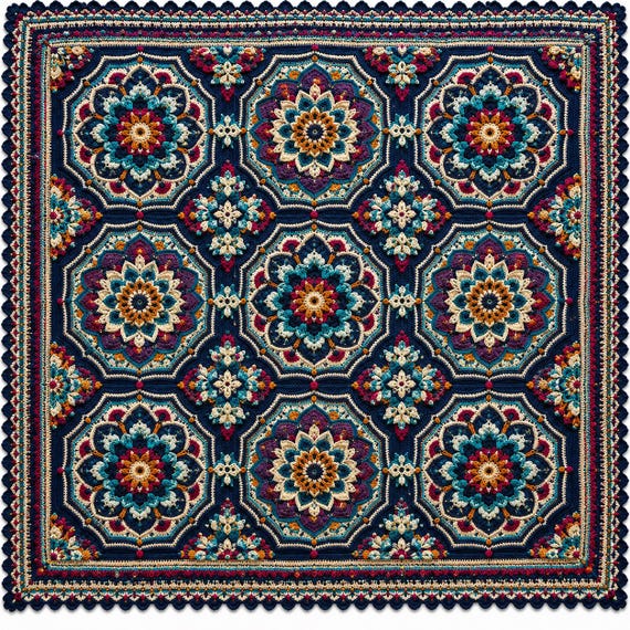 Crochet Blanket Pattern Midnight Mosaic PDF | Afghan Tile Inspired  | Boho Mandala Crochet Throw | Luxury Heirloom Crochet Pattern