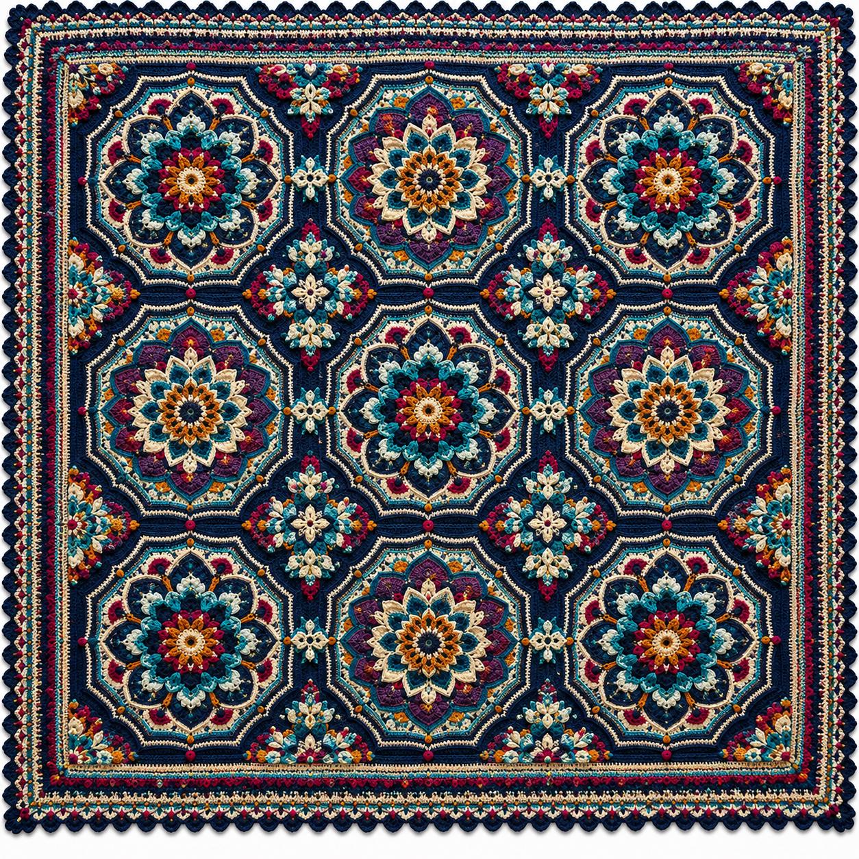 15 Persian Tile Crochet Patterns for Blankets, Pillows, and Colorful Home Decor 3 Midnight Mosaic Persian-Inspired Crochet Blanket Pattern