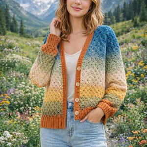 Könnte beinhalten: Ein mehrfarbiger Cardigan mit offenem Vorderteil, V-Ausschnitt und Knopfverschluss. Der Pullover hat ein Farbverlauf-Design, das von Blau zu Gelb und Orange übergeht. Die Ärmel und der Besatz sind einfarbig orange. Der Cardigan wird über einem weißen Oberteil getragen.