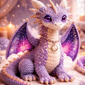 Könnte beinhalten: Ein handgefertigter Häkeldraken in Lila, Creme und Gold. Der Drache hat große, ausdrucksstarke lila Augen, detaillierte Flügel mit Sternenmuster und eine goldene Halskette. Der Drache sitzt und zeigt seine komplizierte Häkelarbeit.
