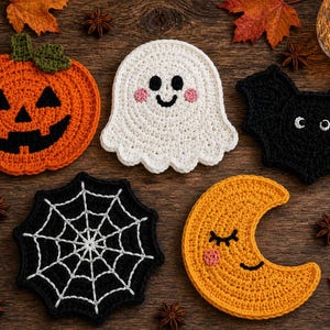 Halloween Crochet Coaster Pattern Set, Pumpkin Ghost Bat Mug Rugs, Spiderweb Moon, Easy PDF Pattern, Fall Home Decor