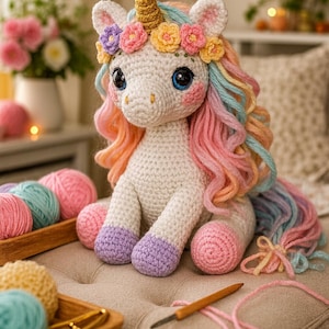 Könnte beinhalten: Gehäkeltes Einhorn mit goldenem Horn, blauen Augen und einer bunten Mähne und Schweif. Das Einhorn trägt einen Blumenkranz und hat rosige Wangen. Es sitzt auf einer beigen Oberfläche, mit Garn und Häkelwerkzeugen in der Nähe.