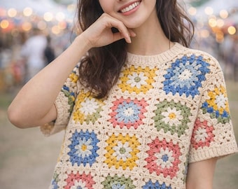 Crochet Granny Square Shirt Pattern PDF, Easy Summer Crochet Top, Beginner Crochet Clothing Pattern,  Kids Adult Crochet Shirt