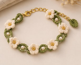 Crochet Floral Bracelet Pattern PDF, Cottagecore Flower Bracelet, Pearl Bridal Jewelry, Fairycore Handmade Gift for Her