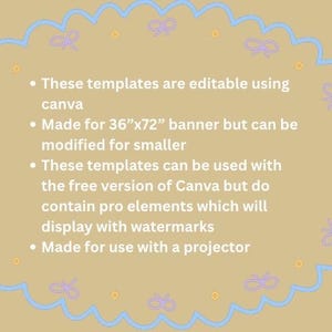 May include: A beige digital template design with a light blue scalloped border adorned with purple bow and dot accents. Text details editable Canva templates, banner size 36"x72", use with a projector.