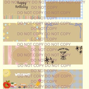 May include: A collection of four rectangular designs with various themes. The top design says "Happy Birthday" with candles. The second has stars and bows. The third has pink stripes and a cocktail glass that says "a tini bit older". The last has a sun, apple, books, and pencil.