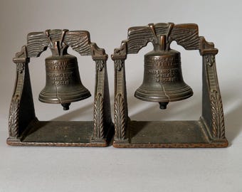 Antique Verona Liberty Bell Bookends, 1920's-1930's Patriotic Cast Iron