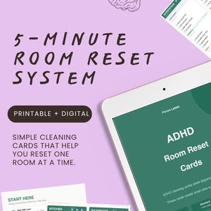 Tarjetas de limpieza para TDAH, sistema de reinicio de habitaciones en 5 minutos, planificador de rutinas imprimible