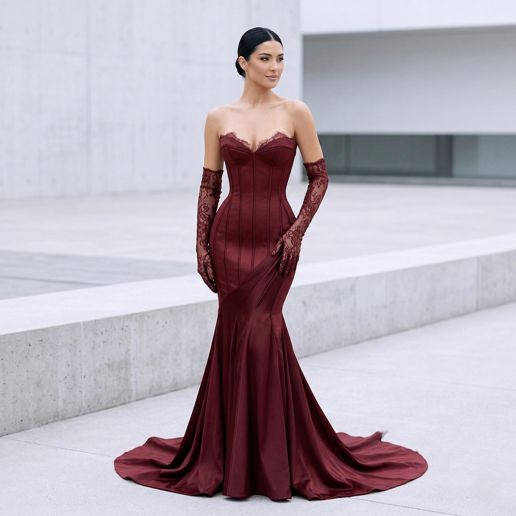 best gloves with a burgundy velvet dress VELVET V-NECK PETAL STRAPLESS VELVET MIDI DRESS IN RED | CULT MIA