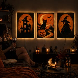 Puede incluir: Tres cuadros rectangulares con retroiluminación y temática de Halloween: una casa encantada, un gato negro con una calabaza y una luna creciente, y la silueta de una bruja. Cada impresión está enmarcada por un brillo cálido y atmosférico.