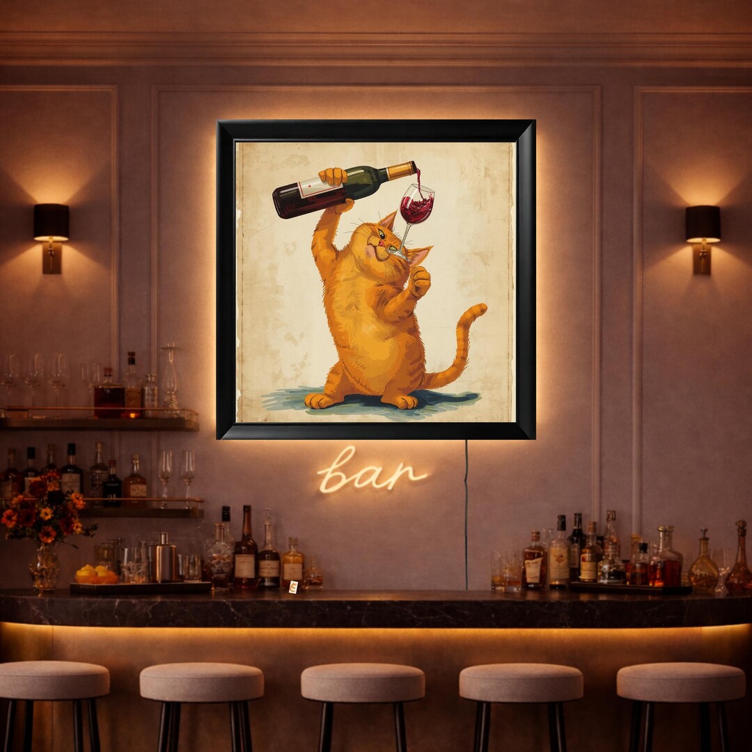 Funny Cat Wine Poster Backlit Lighted Wall Art Bar Framed Decor - Etsy