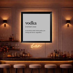 Póster con la definición de vodka, iluminado con LED, decoración minimalista para bar, tipografía minimalista sobre alcohol.