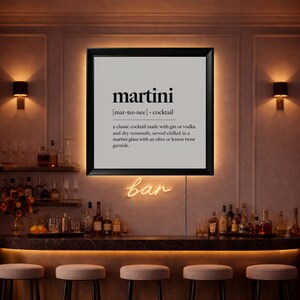 Póster con la definición de Martini, iluminado con LED, decoración de bar retroiluminada, impresión tipográfica minimalista de cóctel.
