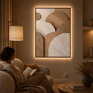 Op de afbeelding: Een rechthoekig wandkunstwerk met overlappende cirkelvormige figuren in tinten beige, crème en bruin met gestructureerde oppervlakken. Het kunstwerk is gevat in een donkere rand en verlicht door een warme LED-achtergrondverlichting.
