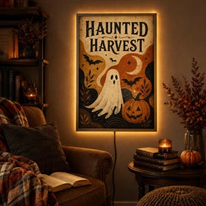 Puede incluir: Una pieza de arte mural rectangular titulada HAUNTED HARVEST que presenta un fantasma blanco, una calabaza naranja tallada, murciélagos y una luna creciente sobre un fondo oscuro. La obra está iluminada por un marco con retroiluminación LED.