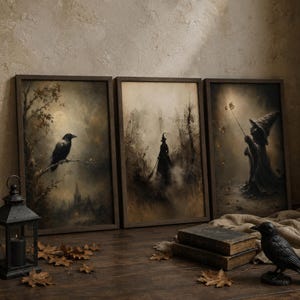 Puede incluir: Tres cuadros rectangulares enmarcados en madera marrón oscuro. La lámina de la izquierda muestra un cuervo en una rama, la central una silueta en un bosque brumoso y la de la derecha una figura encapuchada que sostiene una varita.