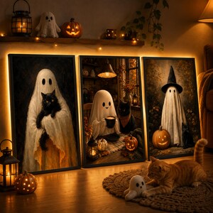 Puede incluir: Tres láminas rectangulares enmarcadas con motivos de fantasmas y gatos negros en escenas de Halloween. La lámina de la izquierda muestra un fantasma sosteniendo un gato negro. La central muestra un fantasma con una taza y un gato. La de la derecha muestra un fantasma con sombrero de bruja y una calabaza.