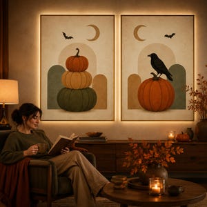 Puede incluir: Dos láminas de arte mural rectangulares con fondo neutro y formas arqueadas. La lámina izquierda muestra tres calabazas apiladas en naranja, amarillo y verde, con una luna creciente y un murciélago. La derecha muestra un cuervo negro sobre una calabaza.