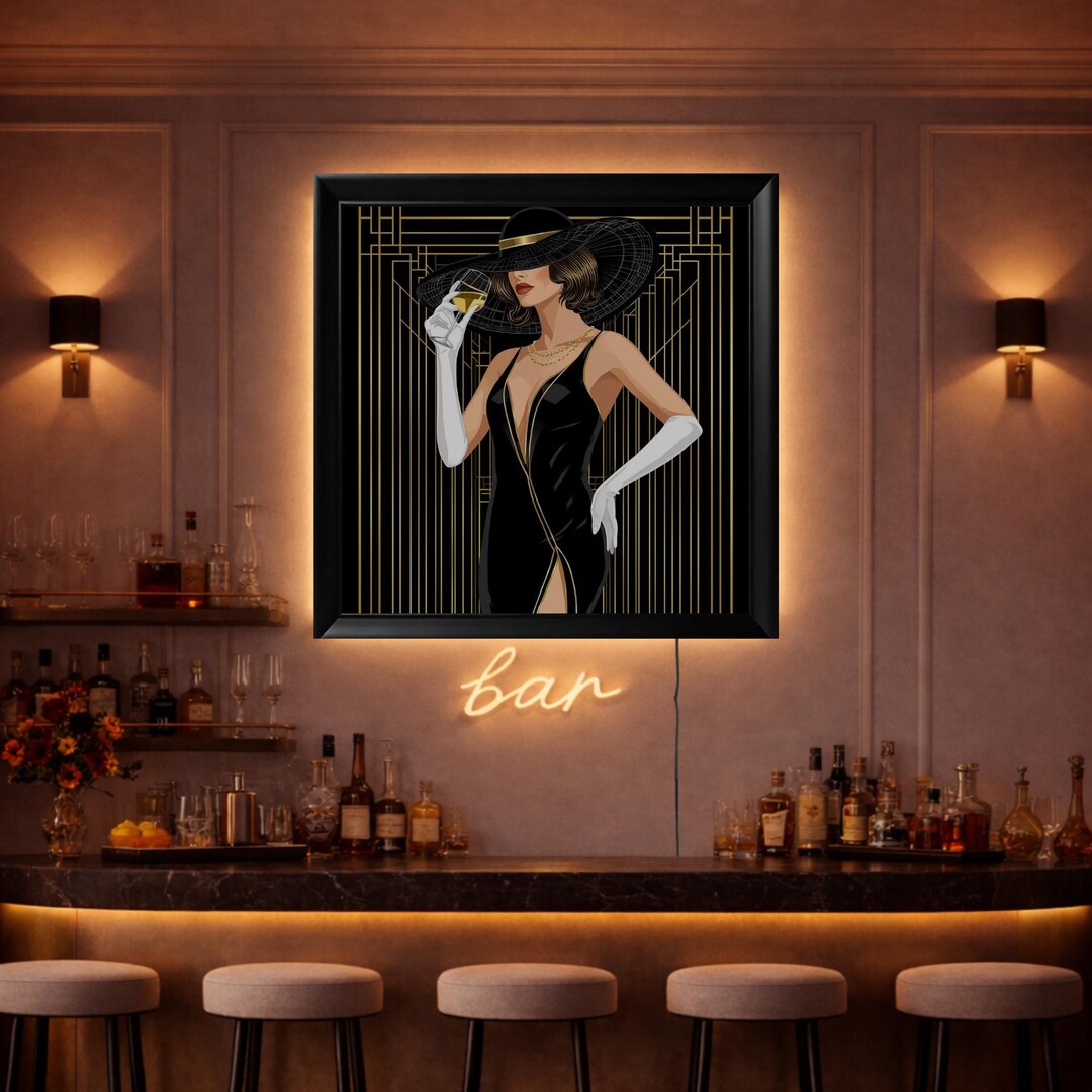 Art Deco Woman Poster LED Lighted Wall Art Backlit Bar Decor Vintage ...