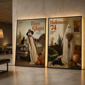 Puede incluir: Dos grandes láminas rectangulares de pared con portadas de revistas de Halloween. La lámina izquierda muestra un fantasma con sombrero junto a un coche verde, un gato negro y calabazas. La derecha muestra un fantasma con flores y un gato negro.