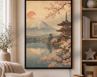 May include: A framed print of a Japanese landscape featuring Mount Fuji, a pagoda, and cherry blossoms. The artwork depicts a serene scene with a lake reflecting the mountain and buildings. The color palette includes soft pinks, blues, and earth tones.