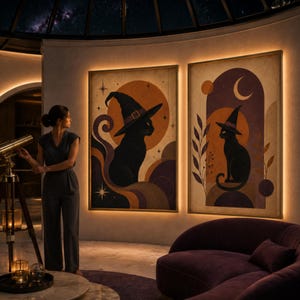 Puede incluir: Dos láminas de arte mural enmarcadas con gatos negros que llevan sombreros de bruja puntiagudos. La lámina izquierda muestra un gato frente a un gran sol naranja y estrellas. La derecha muestra un gato bajo una luna creciente con plantas.