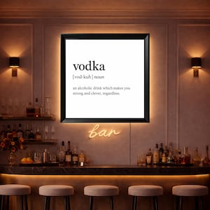 May include: A framed print displaying the definition of "vodka" in a bar. The black frame surrounds a white background with the word "vodka", its pronunciation, and a brief definition. A neon "bar" sign is below the frame.
